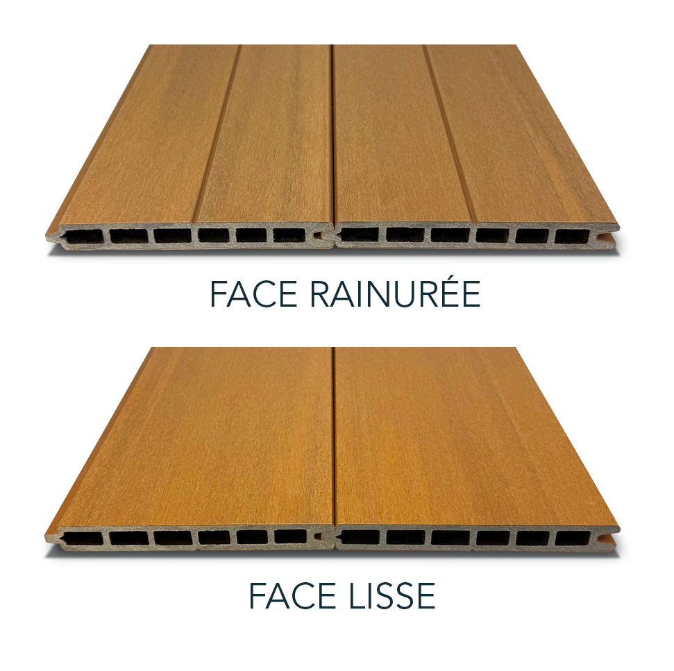 FAce de lames de clôture bois composite couleur teck